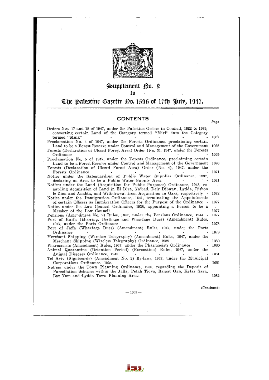 Supplement Ilîo. 2 to Cfte Palestine Œa?Ette ¡Íl5o• 1596 of 17Tf> 3Iuty, 1947•