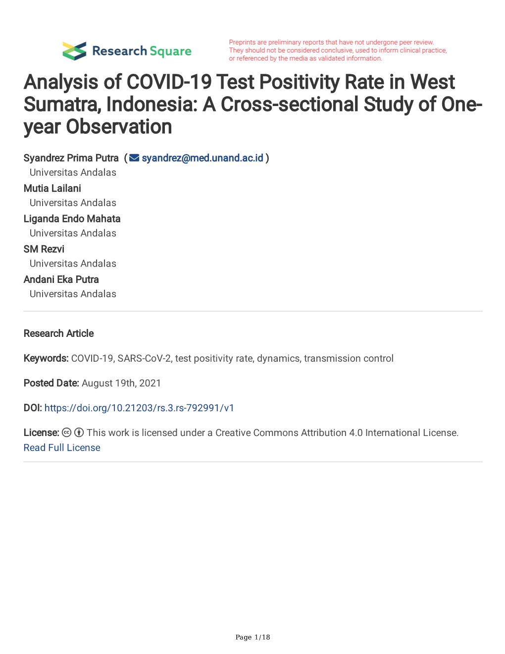 Analysis of COVID-19 Test Positivity Rate in West Sumatra, Indonesia: a Cross-Sectional Study of One- Year Observation