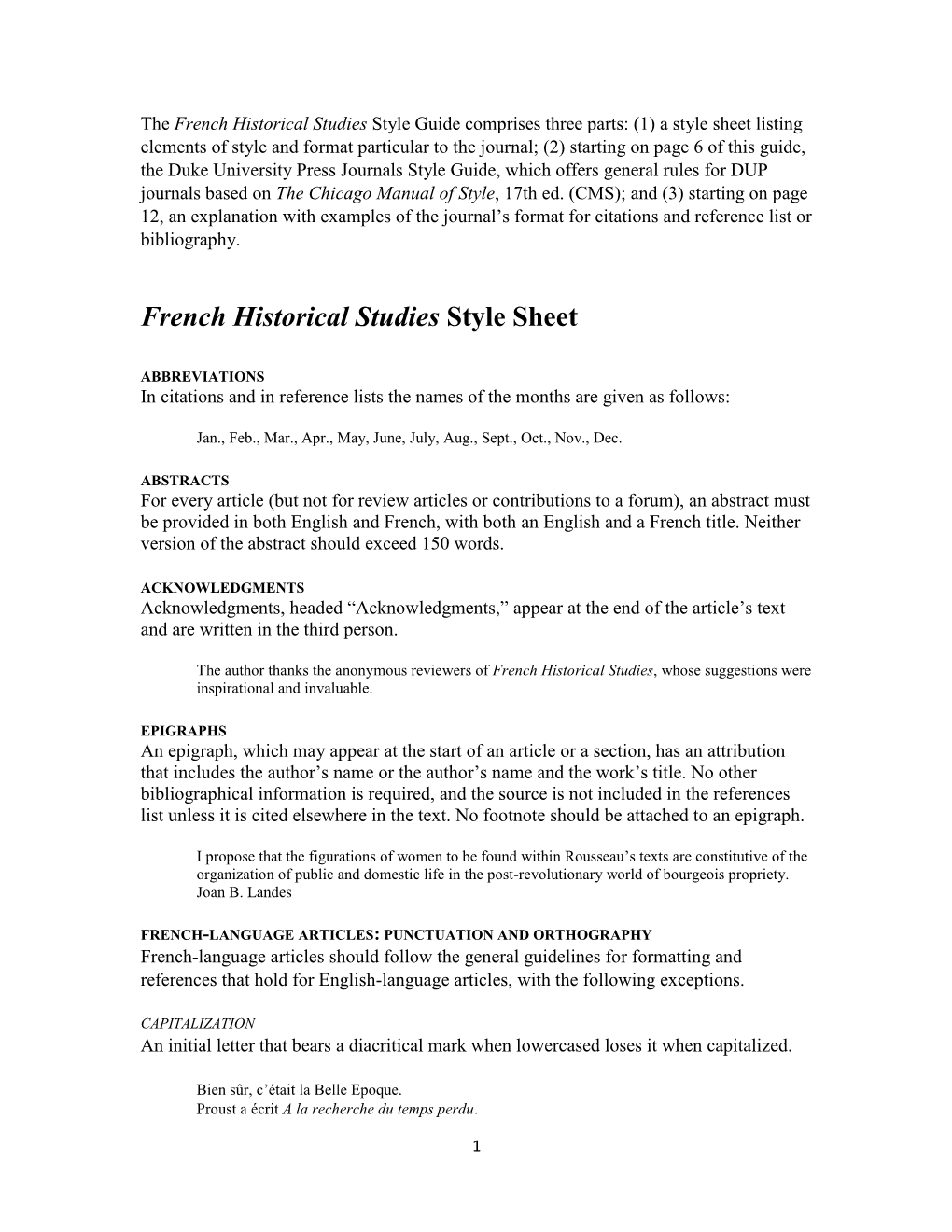 French Historical Studies Style Sheet