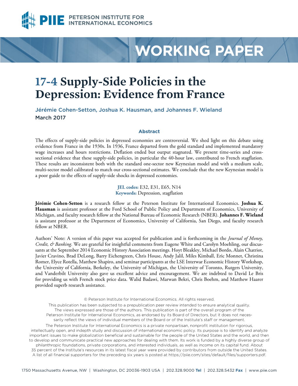 Working Paper 17-4: Supply-Side Policies in the Depression