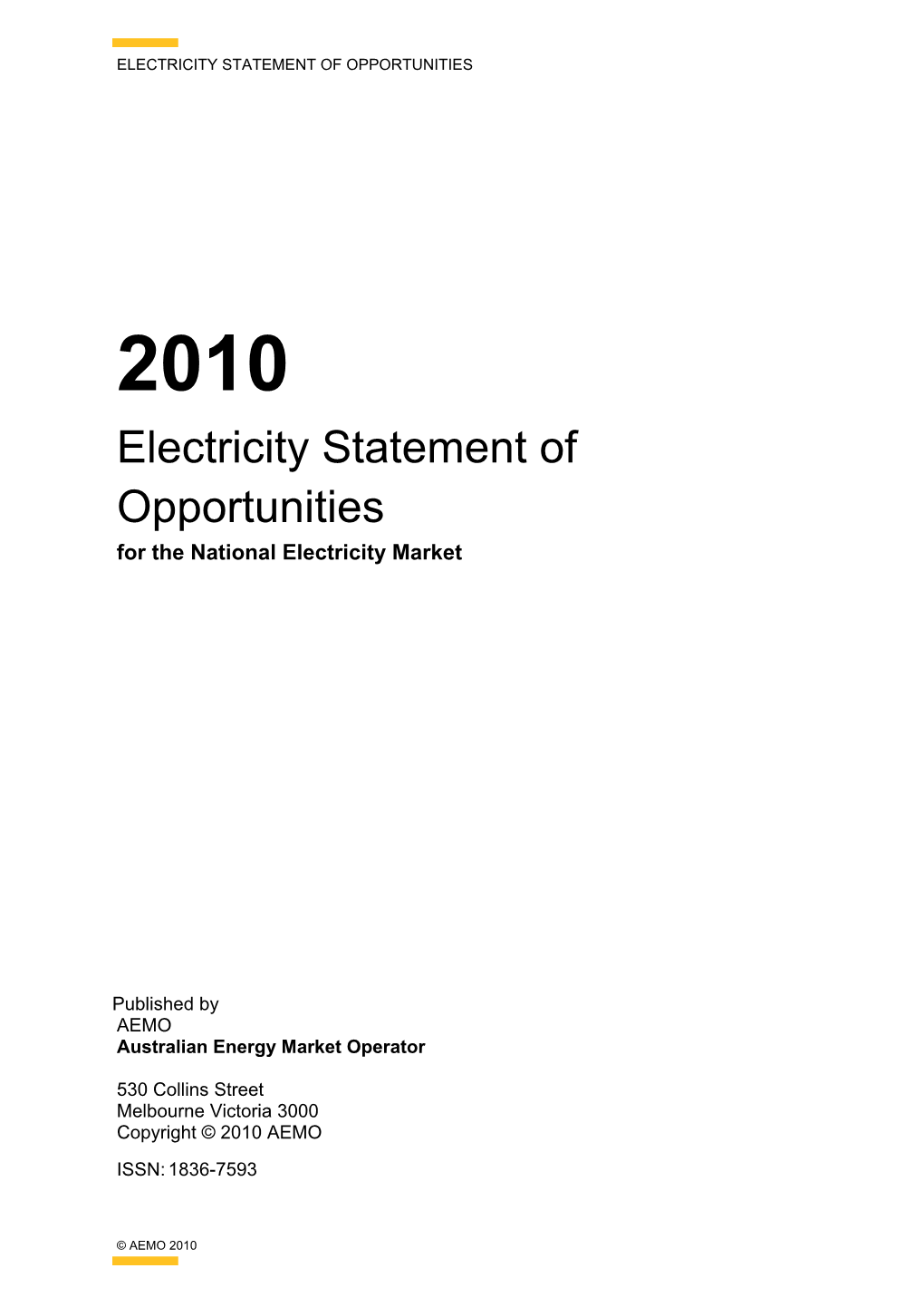 2010 Electricity Statement of Opportunities for the National Electricity Market