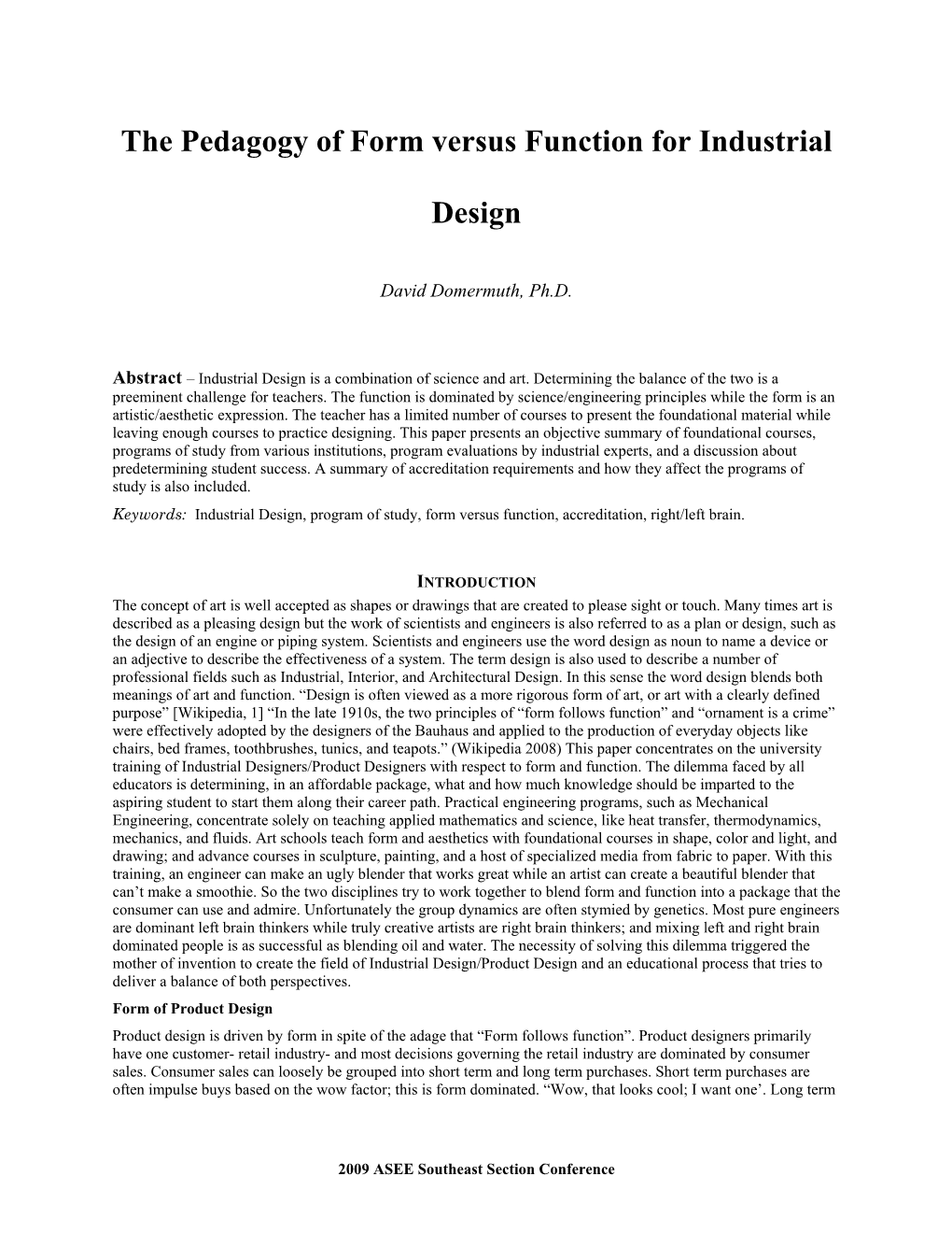 The Pedagogy of Form Versus Function for Industrial Design