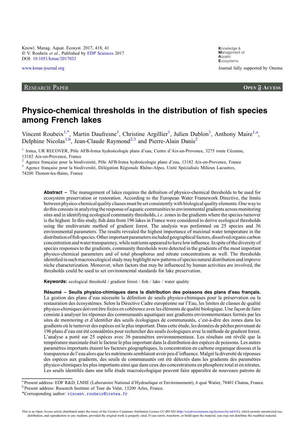 Physico-Chemical Thresholds in the Distribution of Fish Species Among