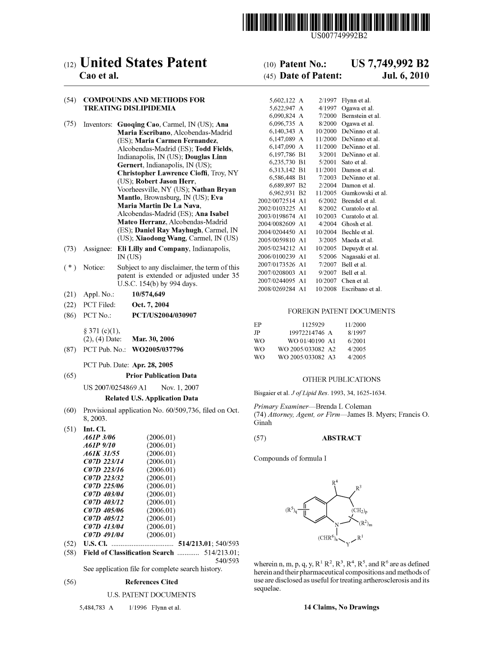 (12) United States Patent (10) Patent No.: US 7,749,992 B2 Cao Et Al