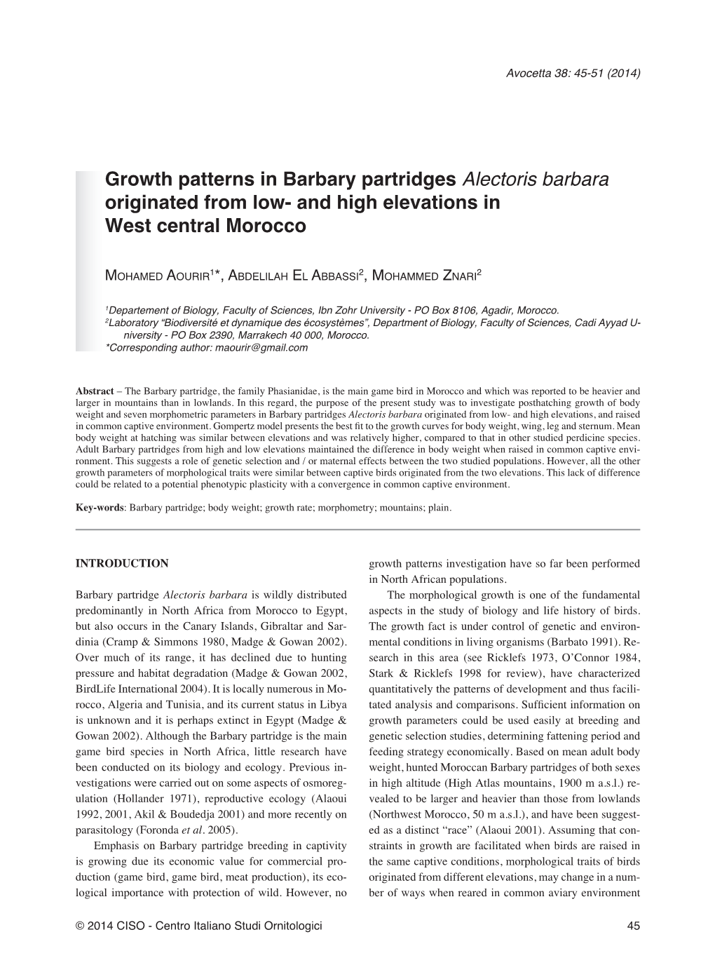 Growth Patterns in Barbary Partridges Alectoris Barbara Originated from Low- and High Elevations in West Central Morocco