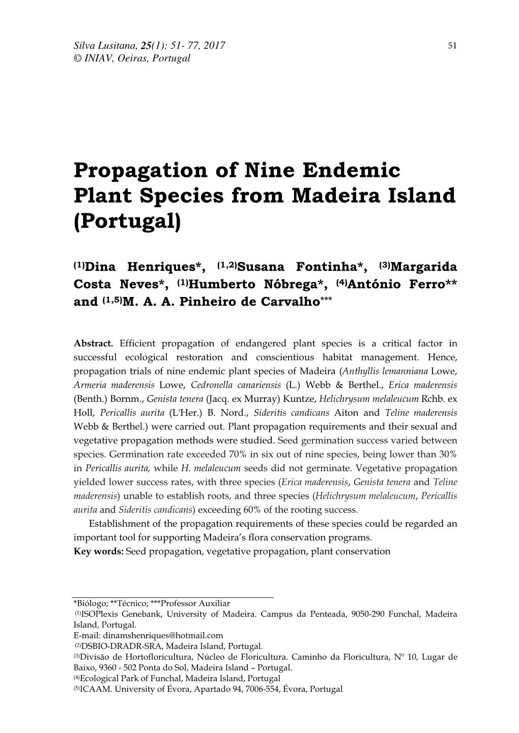 Propagation of Nine Endemic Plant Species from Madeira Island (Portugal)