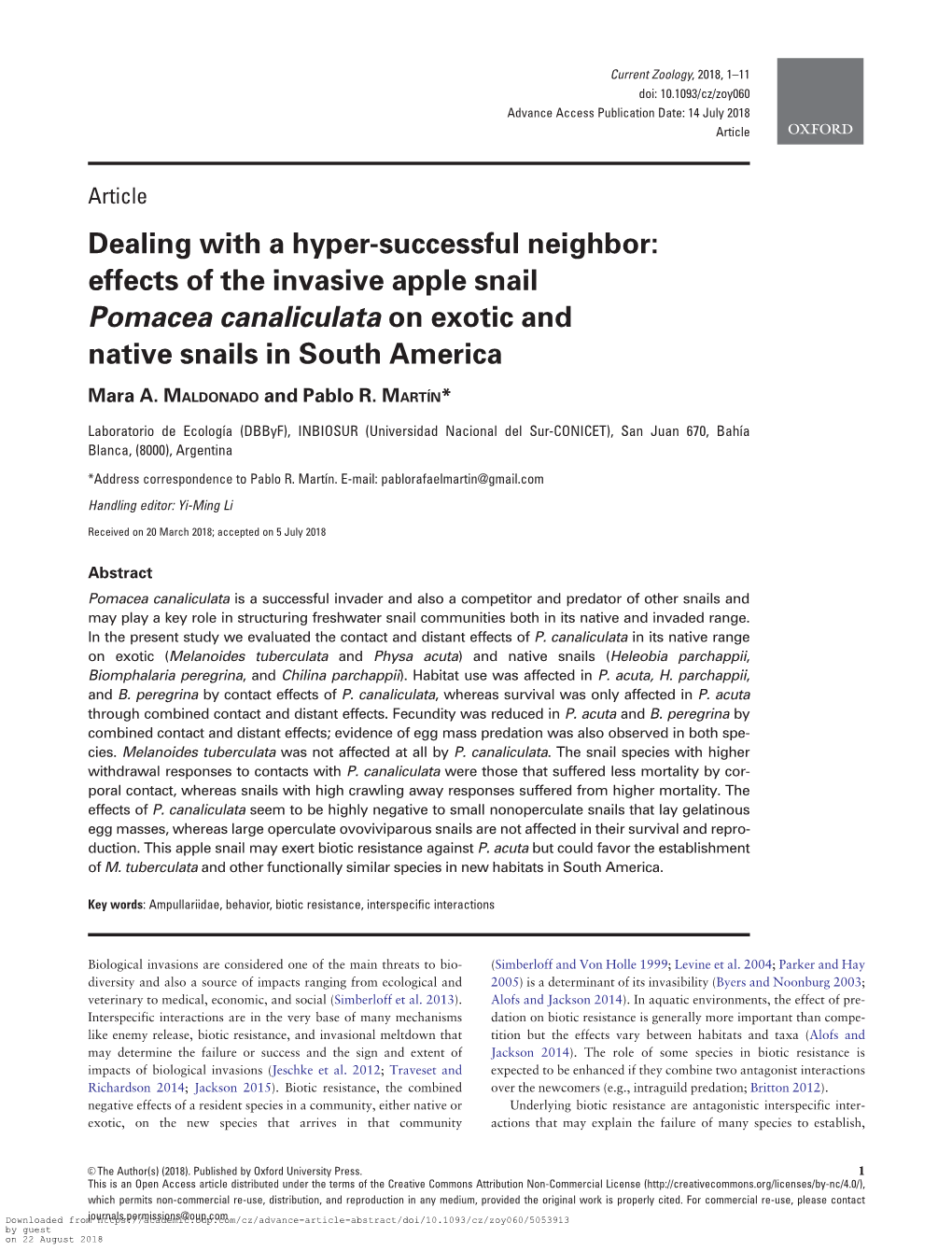 Effects of the Invasive Apple Snail Pomacea Canaliculata on Exotic and Native Snails in South America
