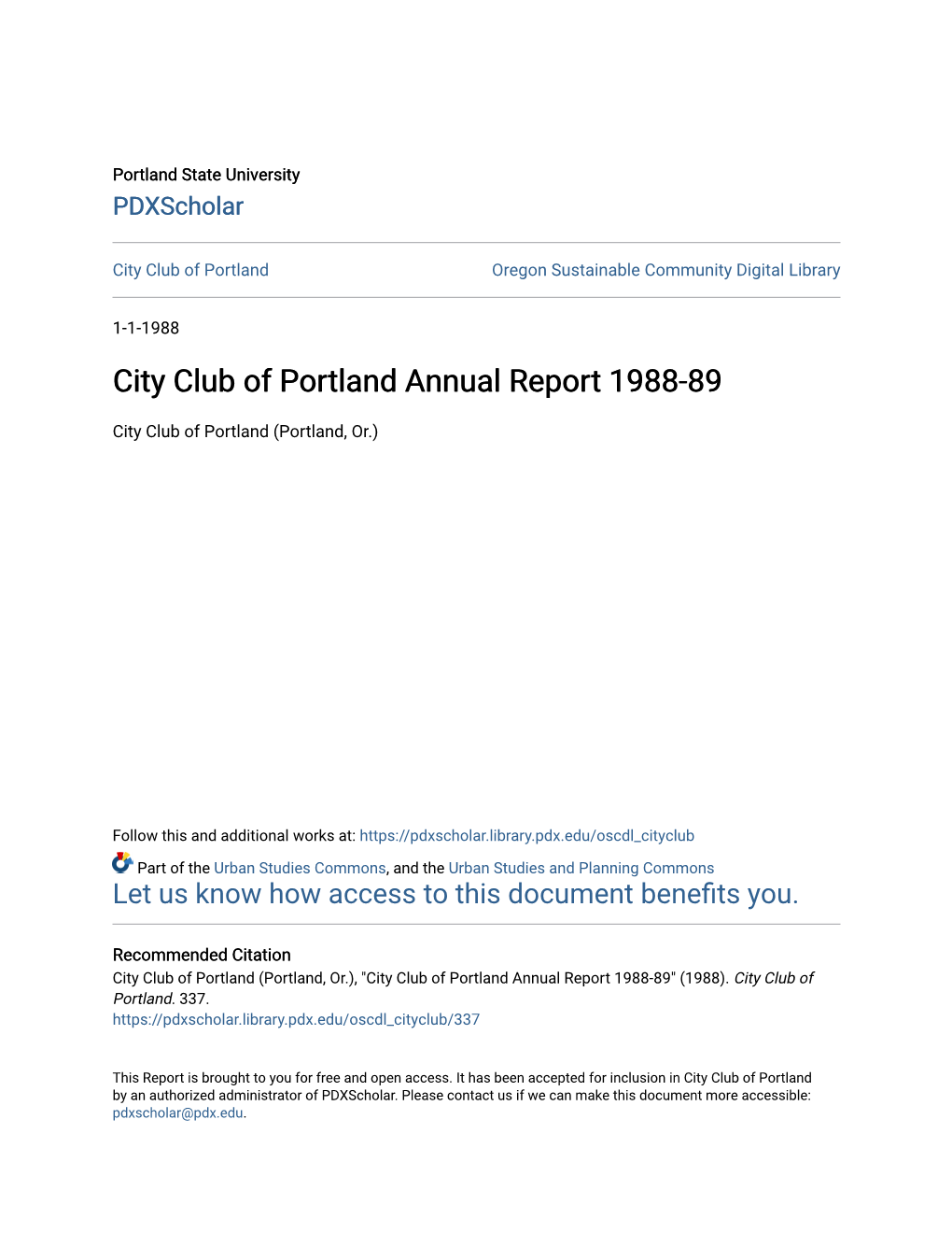 City Club of Portland Annual Report 1988-89