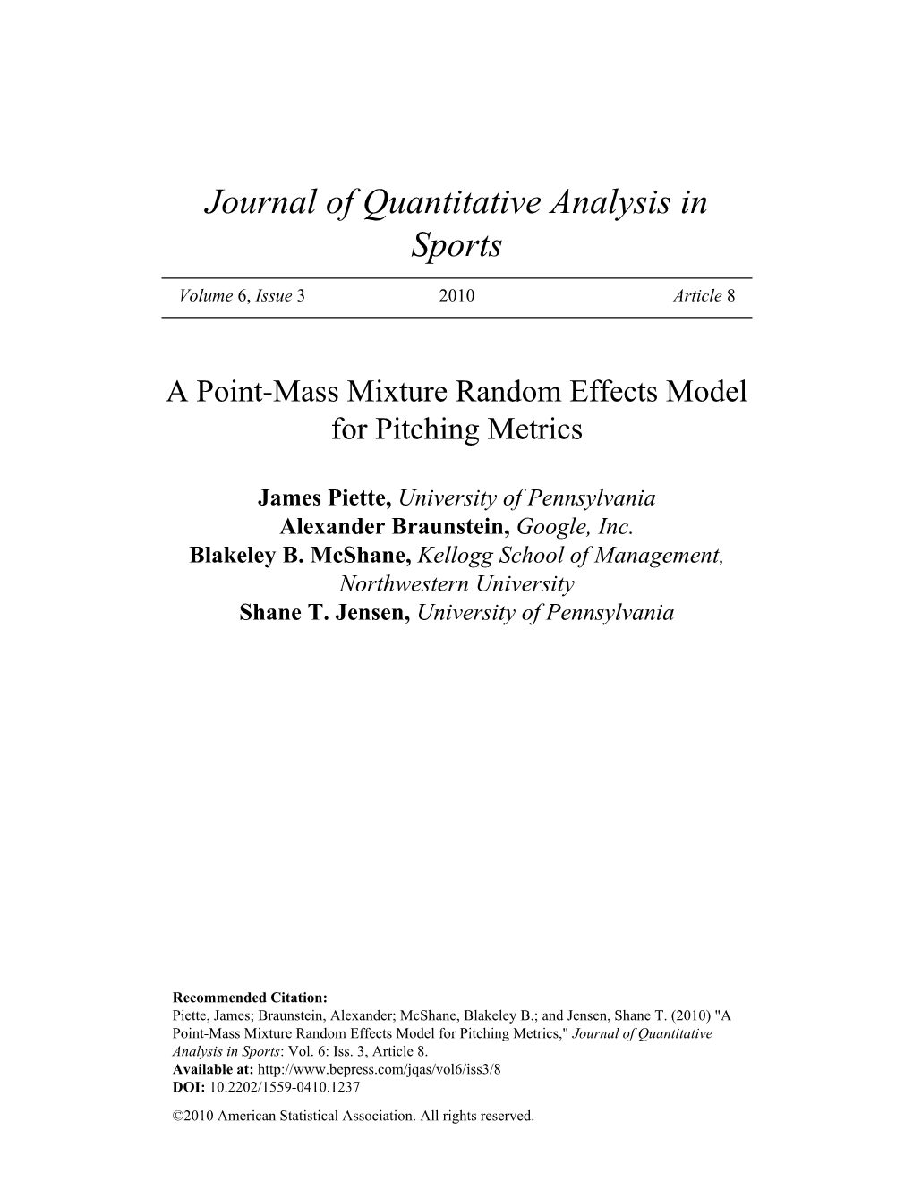A Point-Mass Mixture Random Effects Model for Pitching Metrics