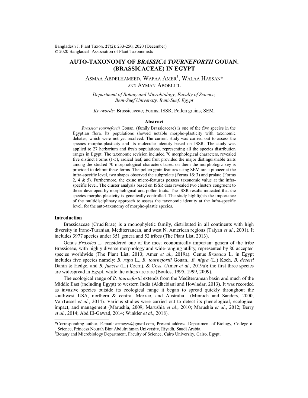 Auto-Taxonomy of Brassica Tournefortii Gouan