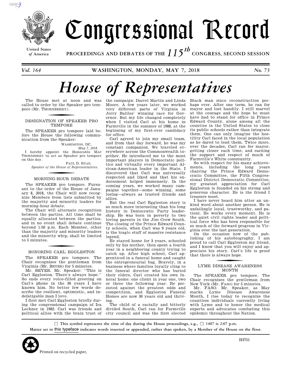 Congressional Record United States Th of America PROCEEDINGS and DEBATES of the 115 CONGRESS, SECOND SESSION