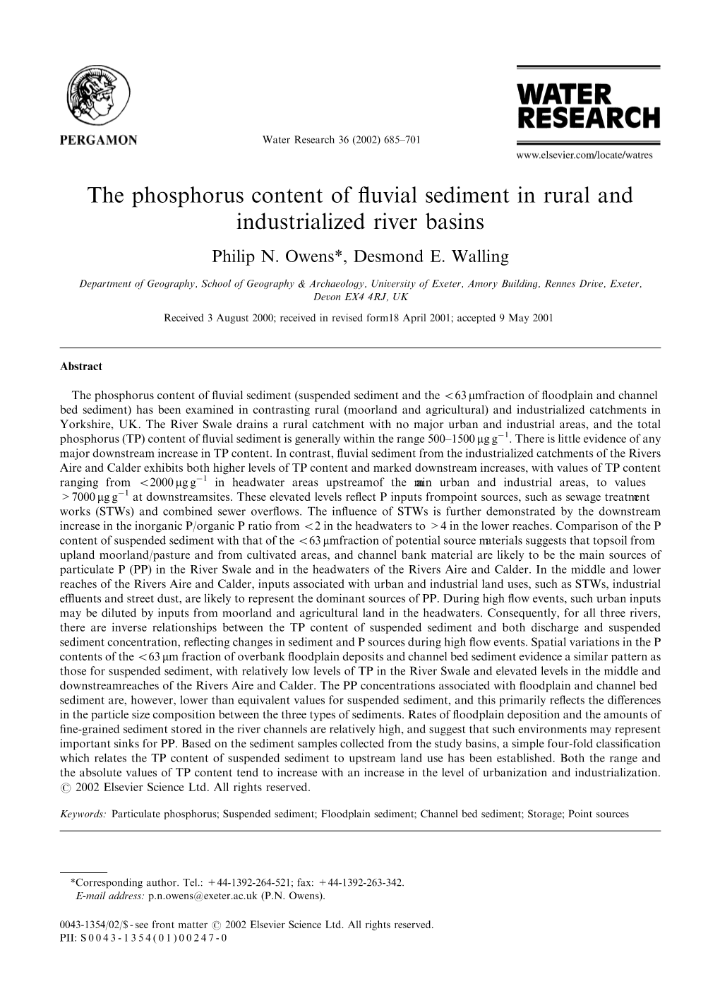 The Phosphorus Content of Fluvial Sediment in Rural and Industrialized River Basins