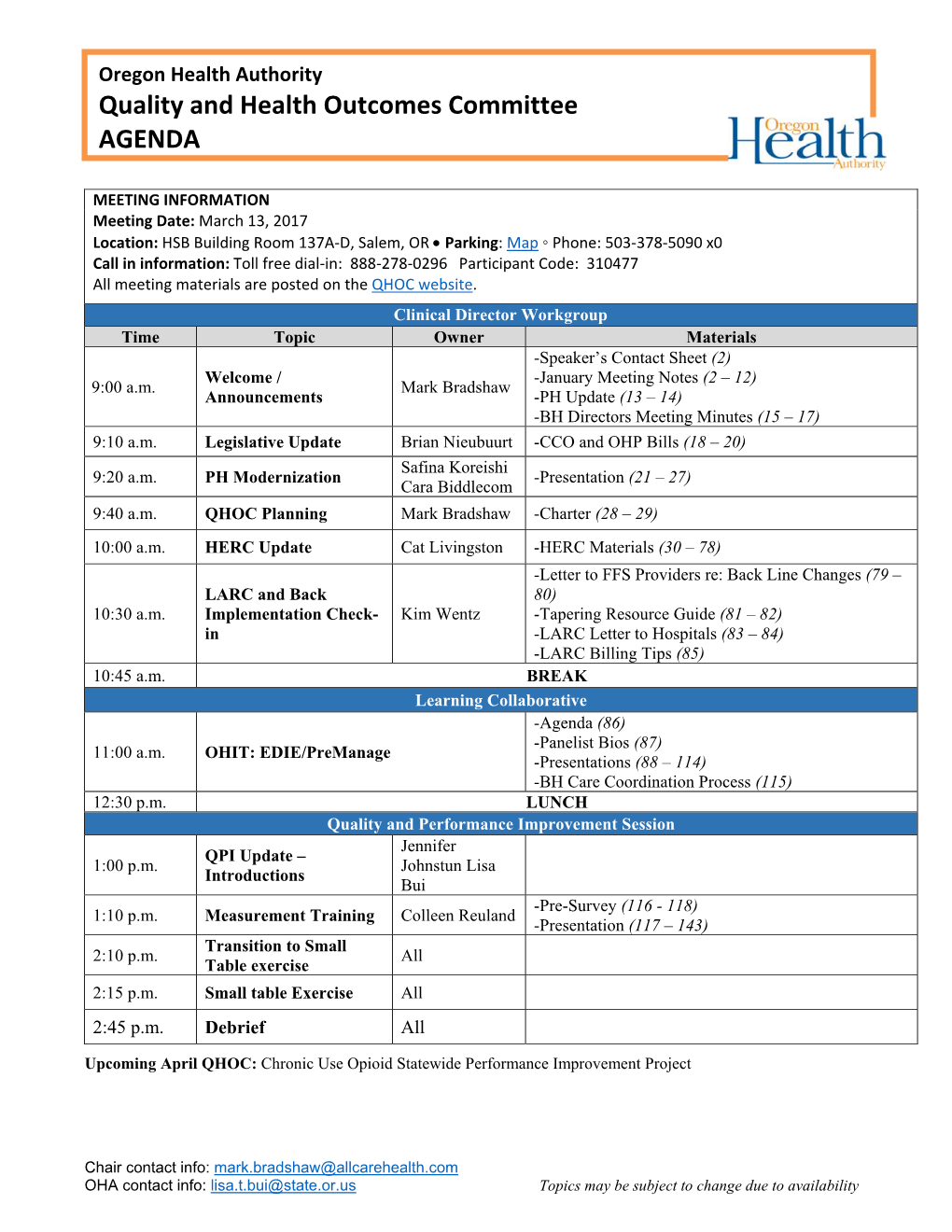 Quality and Health Outcomes Committee AGENDA