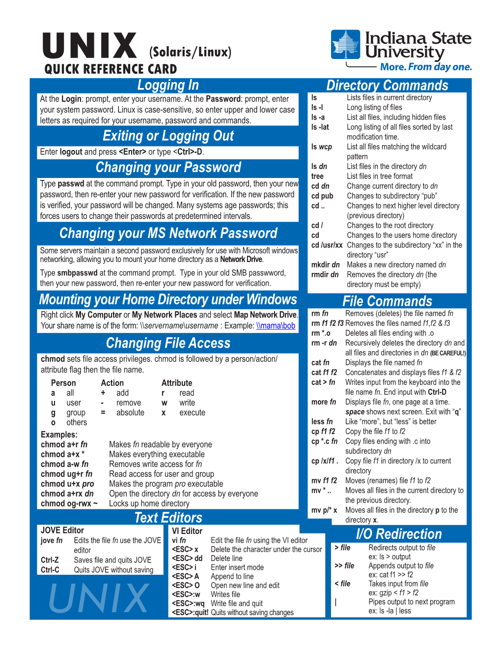 UNIX (Solaris/Linux) Quick Reference Card Logging in Directory Commands at the Login: Prompt, Enter Your Username