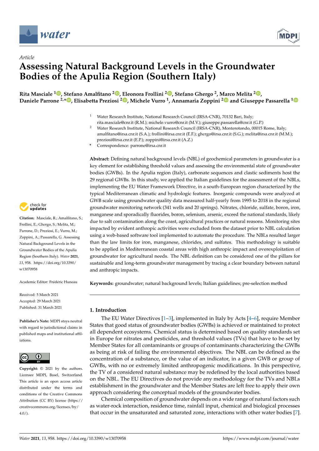 Assessing Natural Background Levels in the Groundwater Bodies of the Apulia Region (Southern Italy)