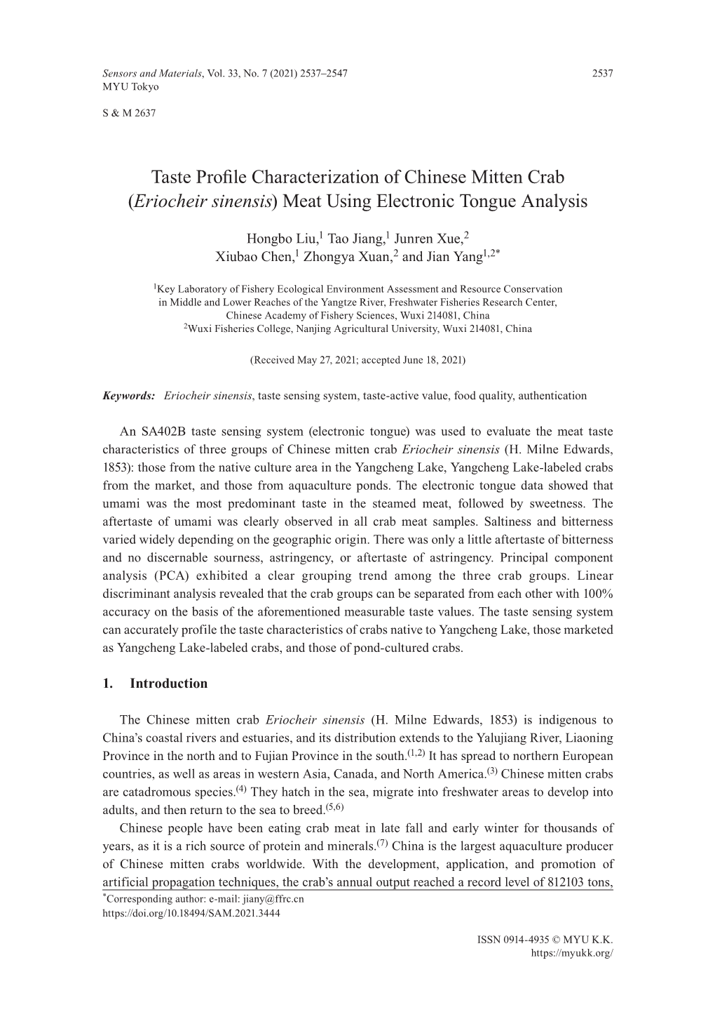 Eriocheir Sinensis) Meat Using Electronic Tongue Analysis