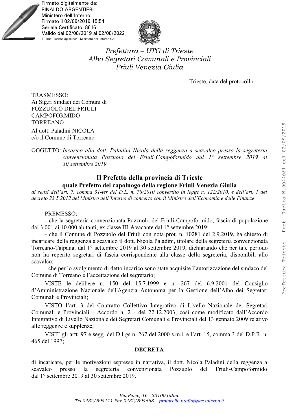 UTG Di Trieste Albo Segretari Comunali E Provinciali Friuli Venezia Giulia