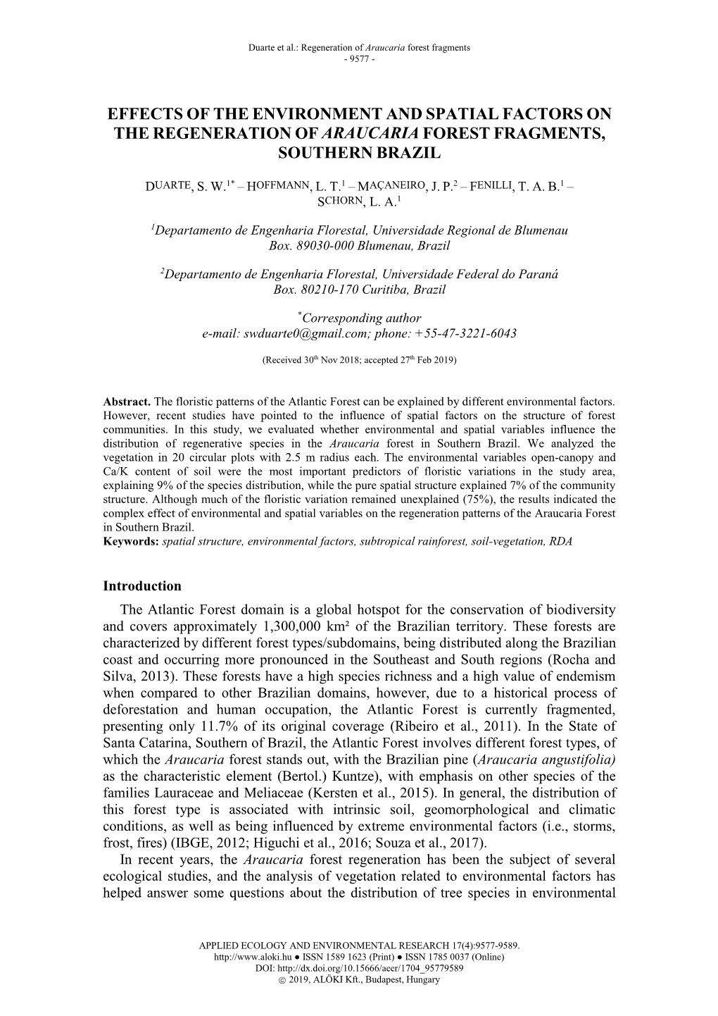 Effects of the Environment and Spatial Factors on the Regeneration of Araucaria Forest Fragments, Southern Brazil