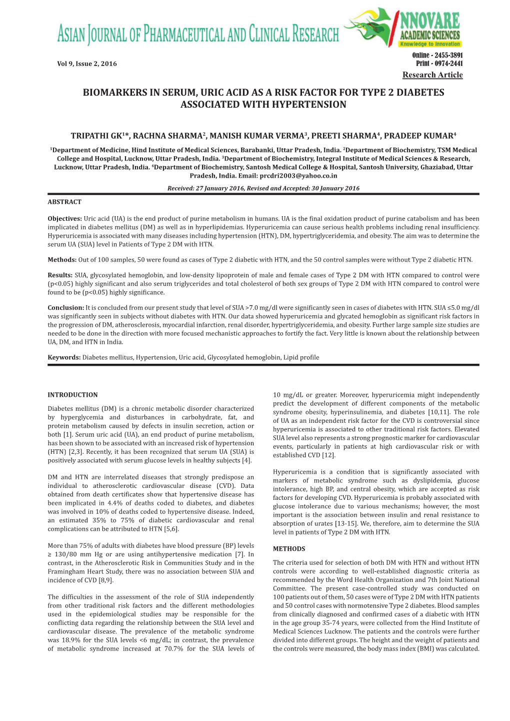 Biomarkers in Serum, Uric Acid As a Risk Factor for Type 2 Diabetes Associated with Hypertension