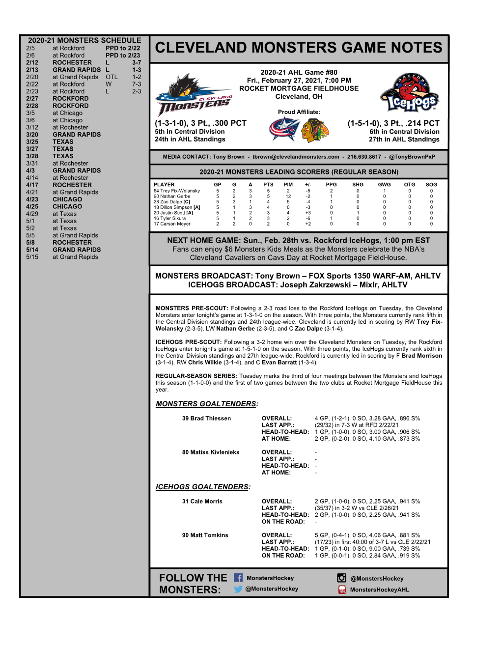 Cleveland Monsters Game Notes