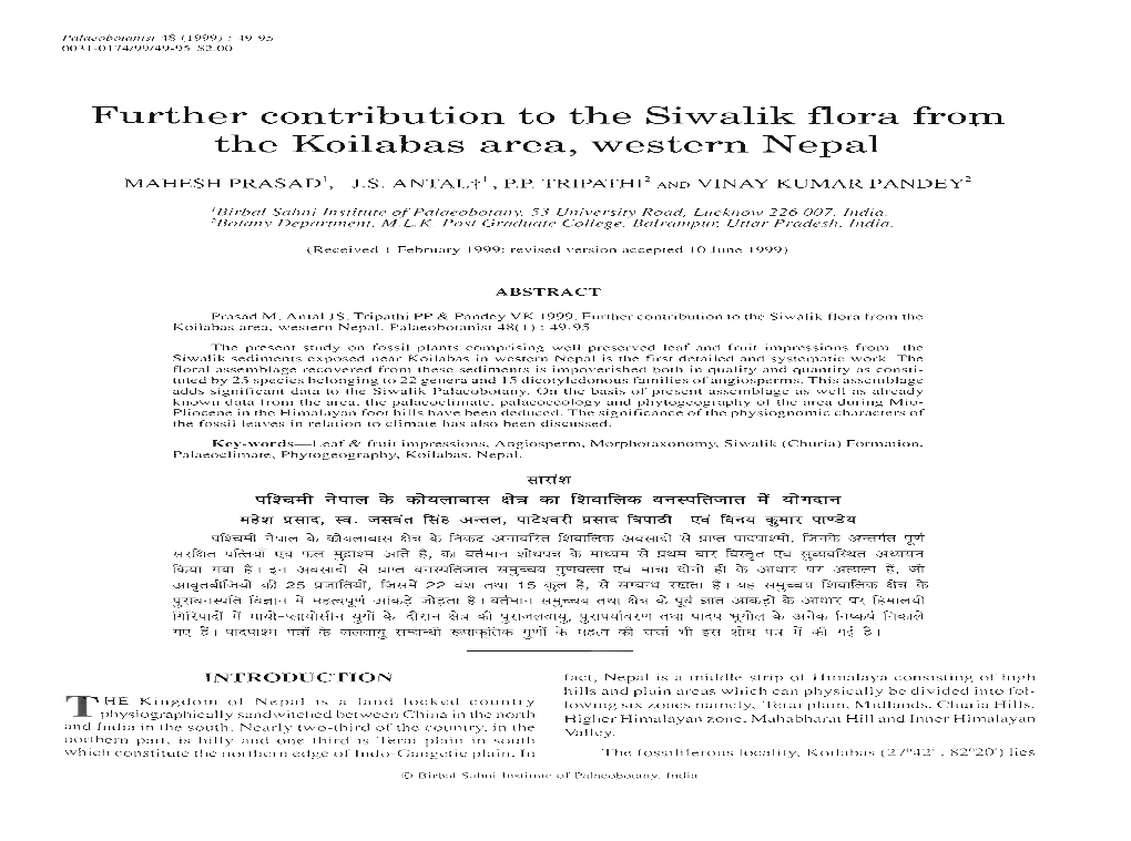 Further Contribution to the Siwalik Flora Froul the Koilabas Area, Western Nepal