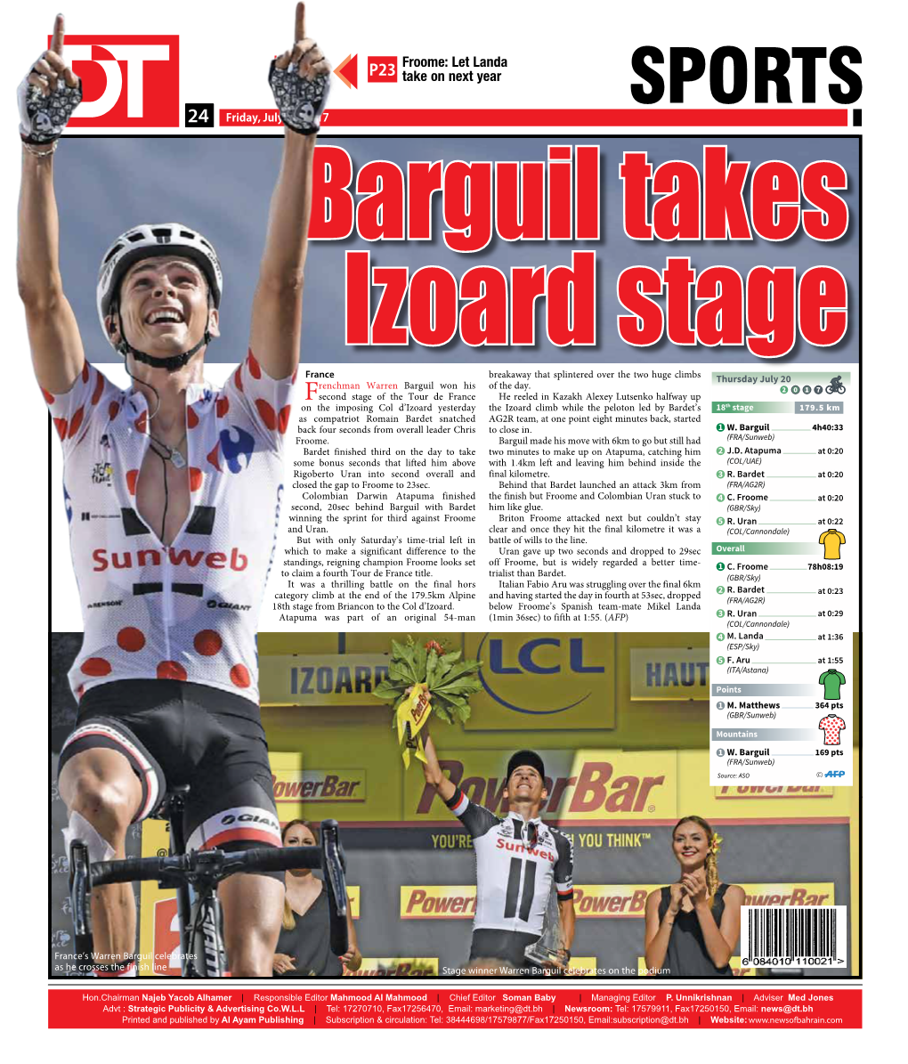 SPORTS 2424 Friday, July 21, 2017 Barguil Takes