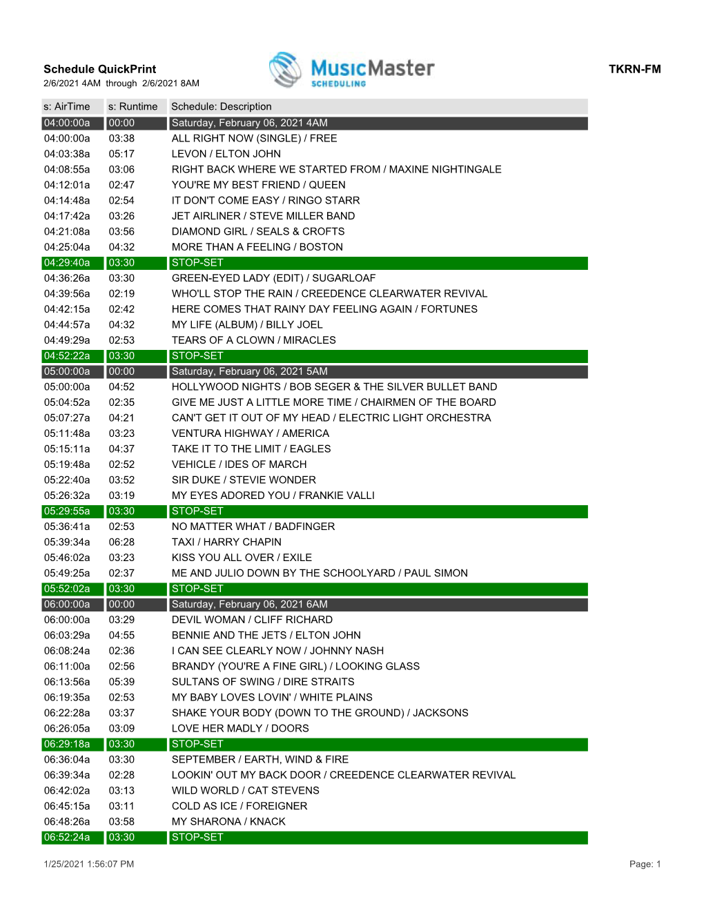 Schedule Quickprint TKRN-FM