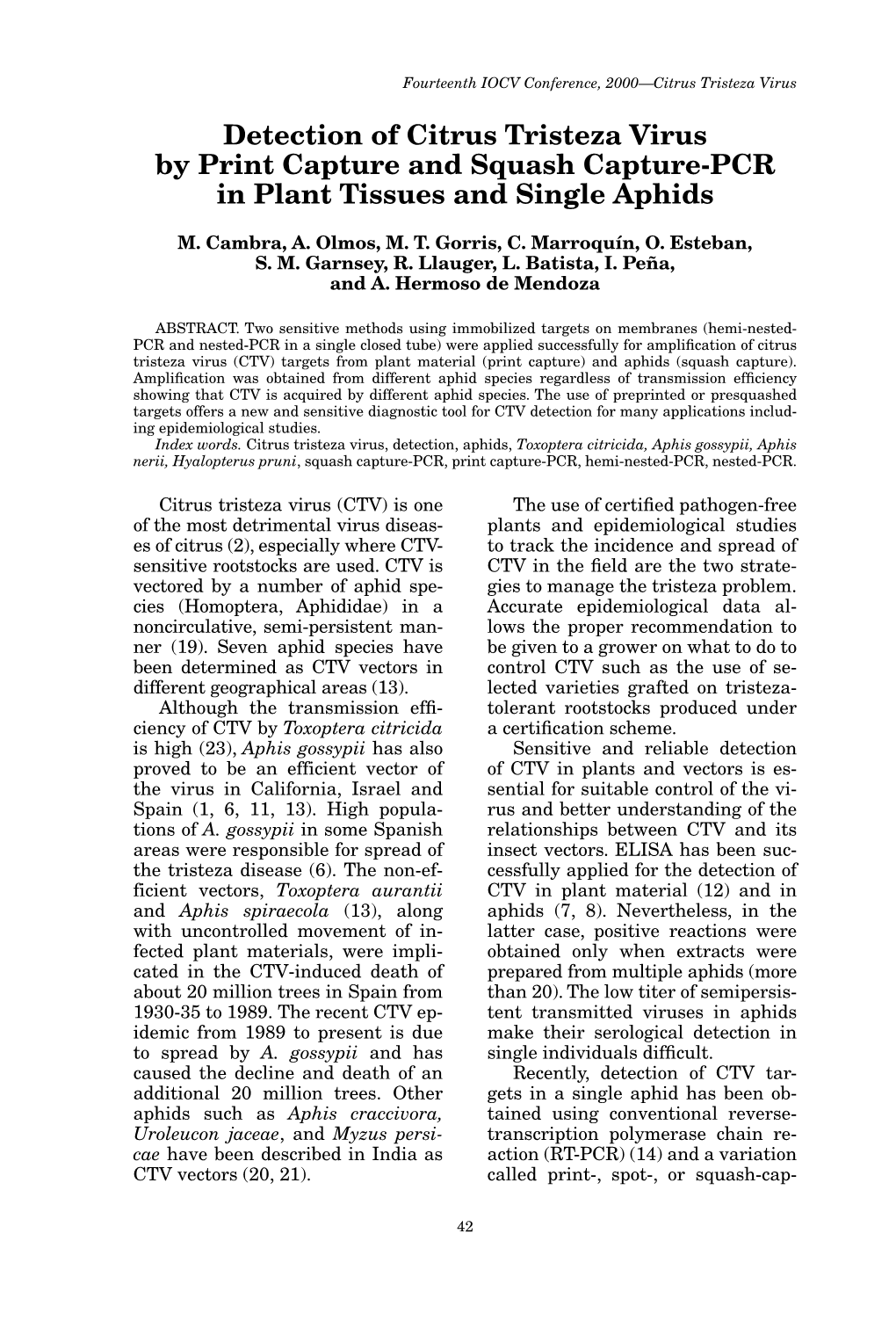 Detection of Citrus Tristeza Virus by Print Capture and Squash Capture-PCR in Plant Tissues and Single Aphids