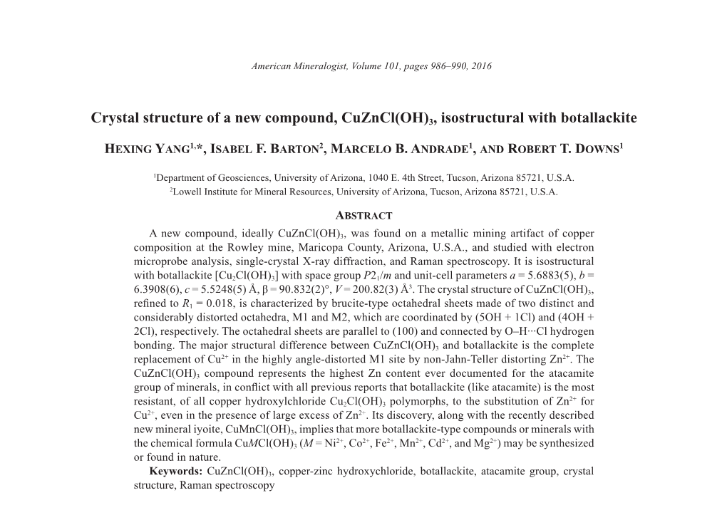 Crystal Structure of a New Compound, Cuzncl(OH)3, Isostructural with Botallackite