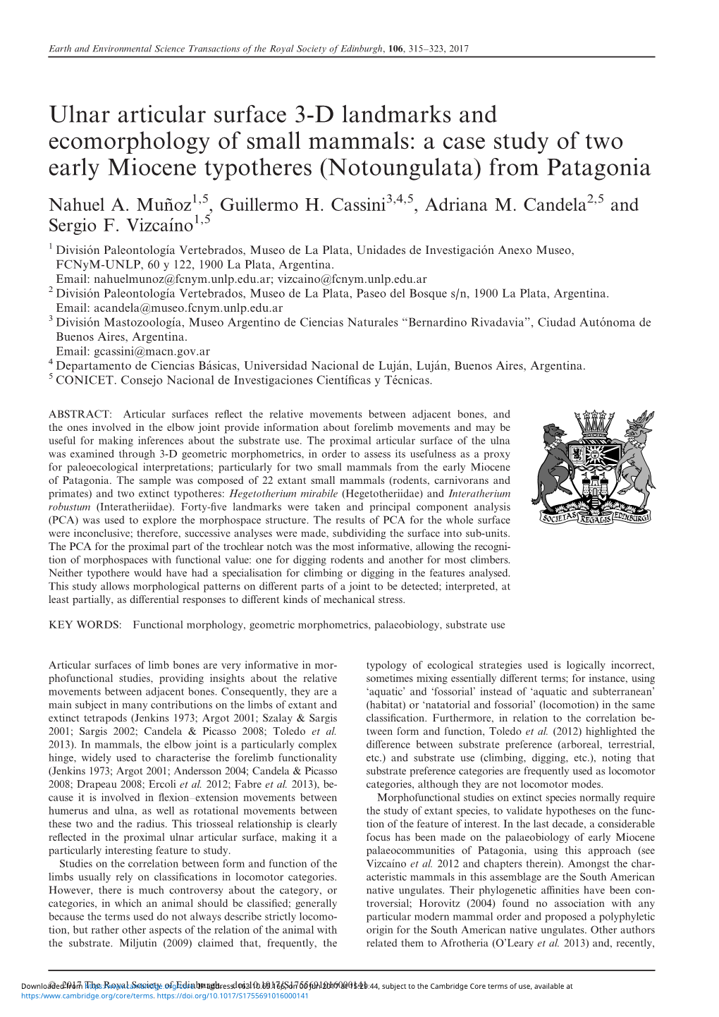 Ulnar Articular Surface 3-D Landmarks and Ecomorphology of Small Mammals: a Case Study of Two Early Miocene Typotheres (Notoungulata) from Patagonia Nahuel A