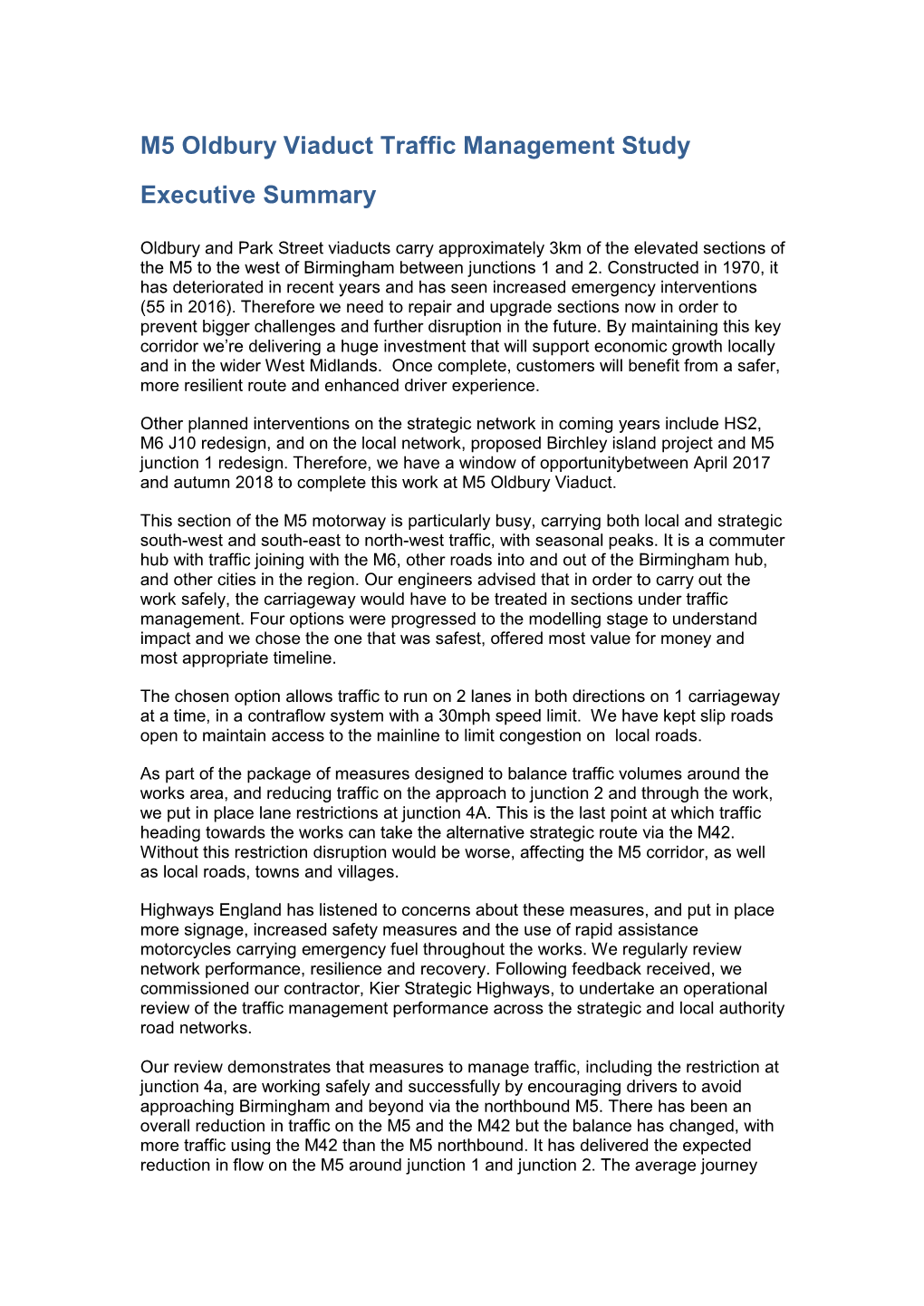 M5 Oldbury Viaduct Traffic Management Study Executive Summary