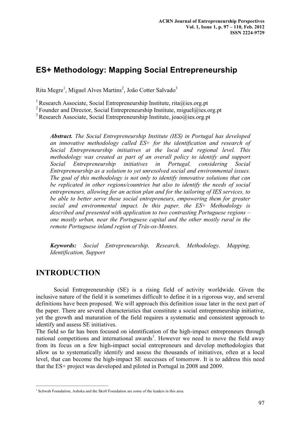ES+ Methodology: Mapping Social Entrepreneurship INTRODUCTION