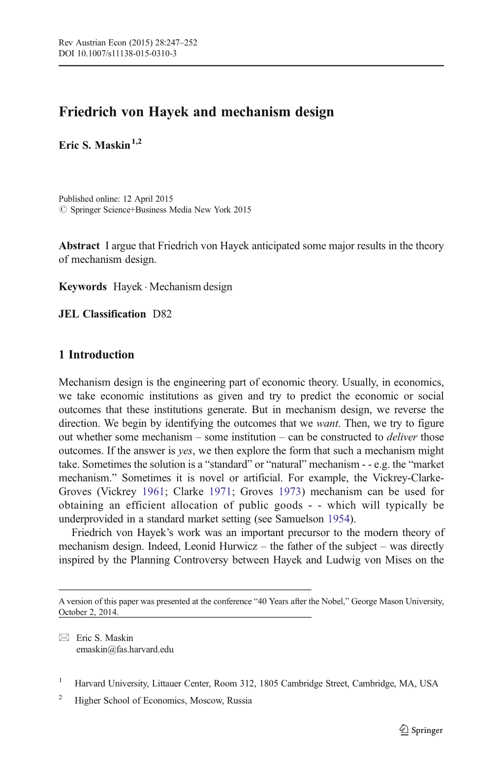 Friedrich Von Hayek and Mechanism Design