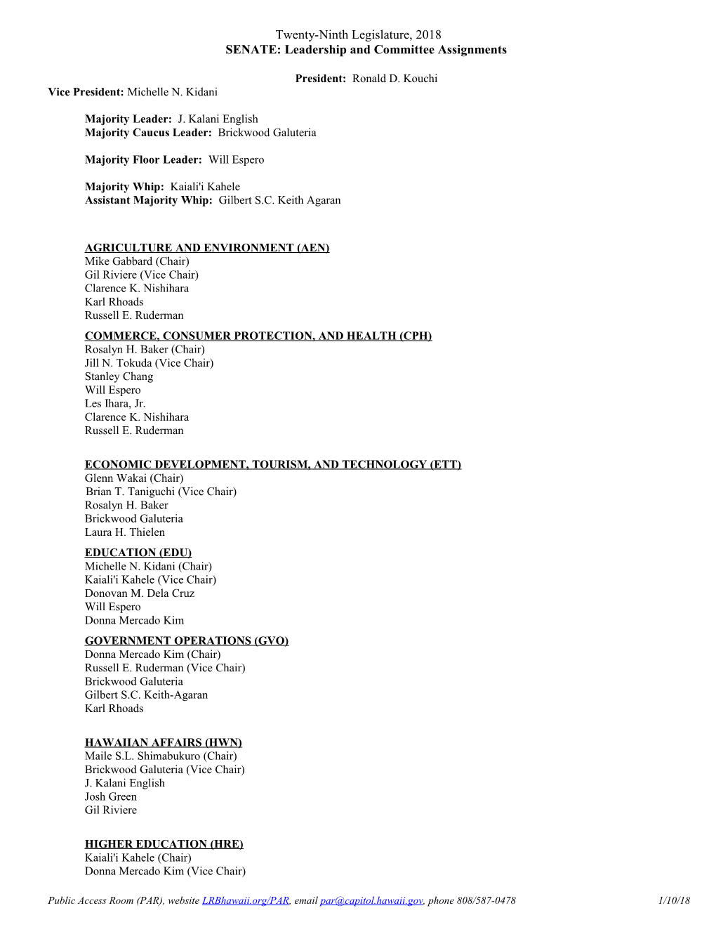 SENATE: Leadership and Committee Assignments