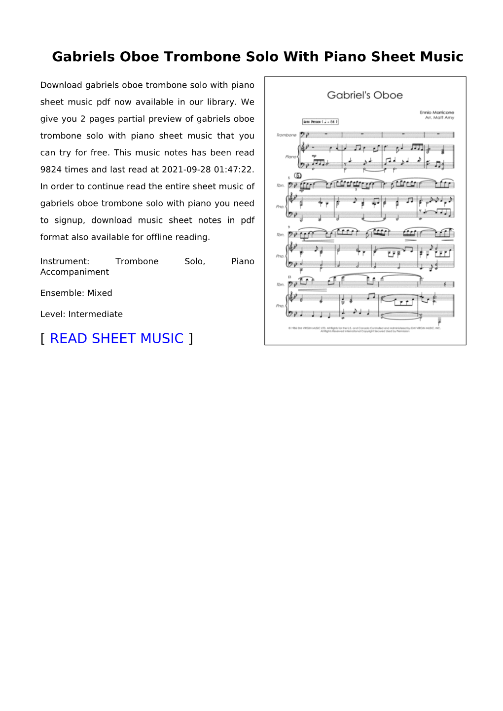 Sheet Music of Gabriels Oboe Trombone Solo with Piano You Need to Signup, Download Music Sheet Notes in Pdf Format Also Available for Offline Reading