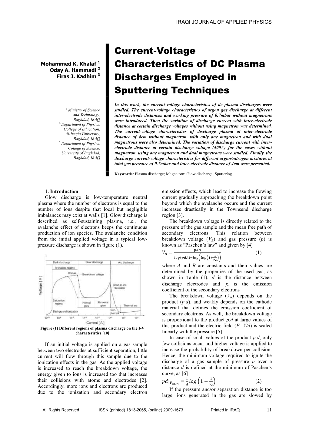 Current-Voltage Characteristics of DC Plasma Discharges Employed In