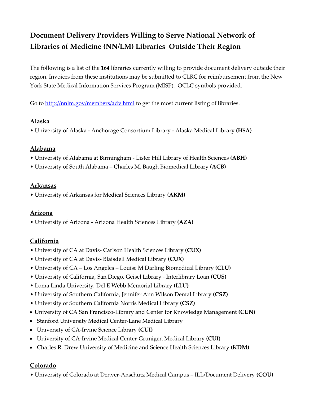 Document Delivery Providers Willing to Serve National Network of Libraries of Medicine (NN/LM) Libraries Outside Their Region