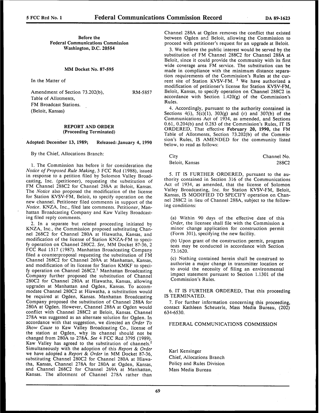 Federal Communications Commission Record DA 89-1623