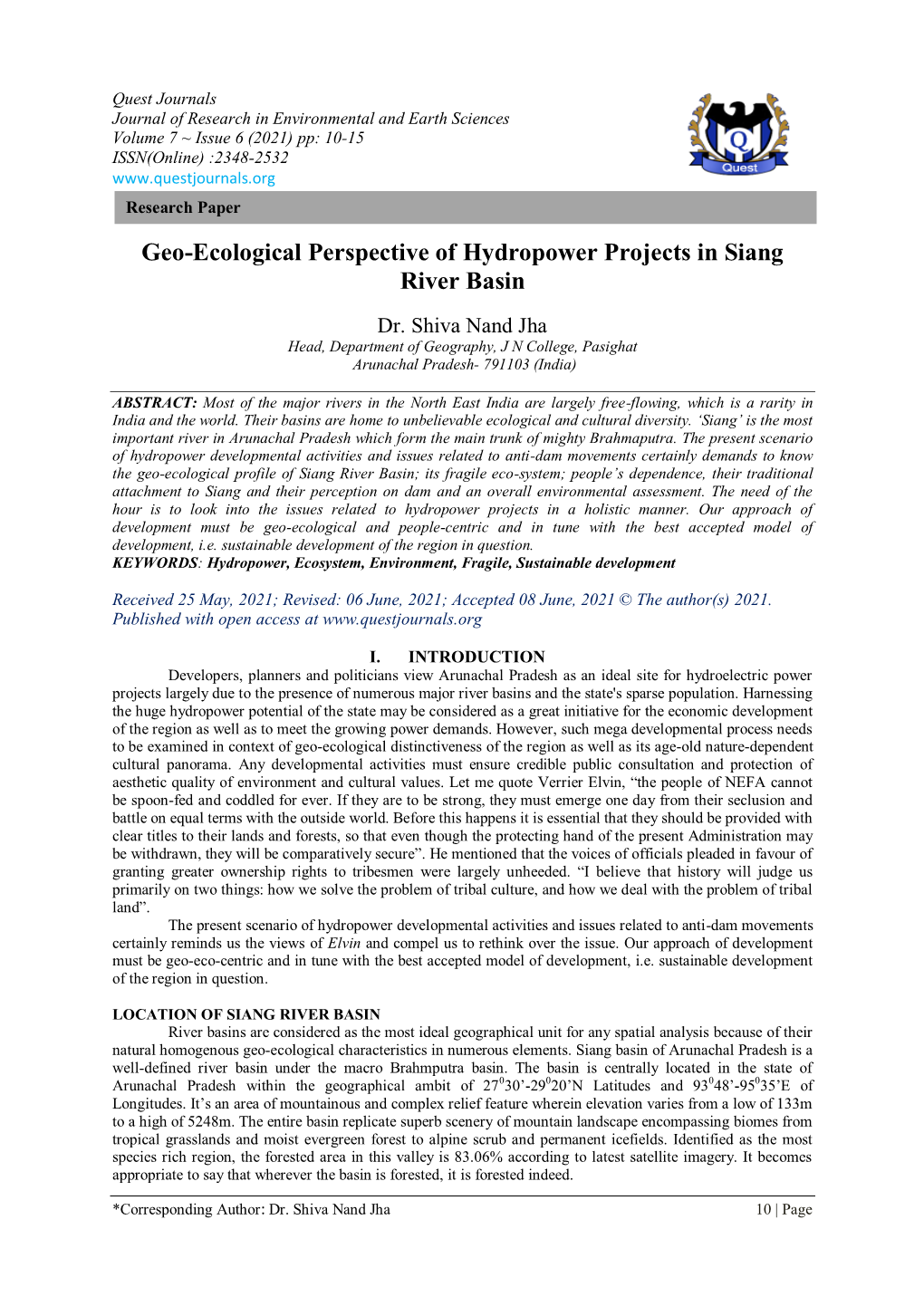 Geo-Ecological Perspective of Hydropower Projects in Siang River Basin