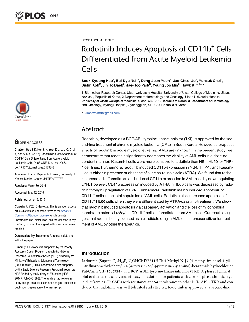 Radotinib Induces Apoptosis of Cd11b+ Cells Differentiated from Acute Myeloid Leukemia Cells