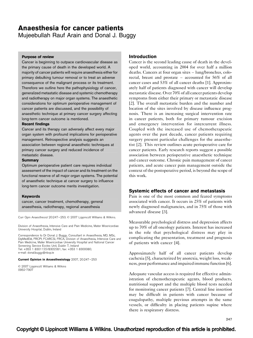 Anaesthesia for Cancer Patients Mujeebullah Rauf Arain and Donal J