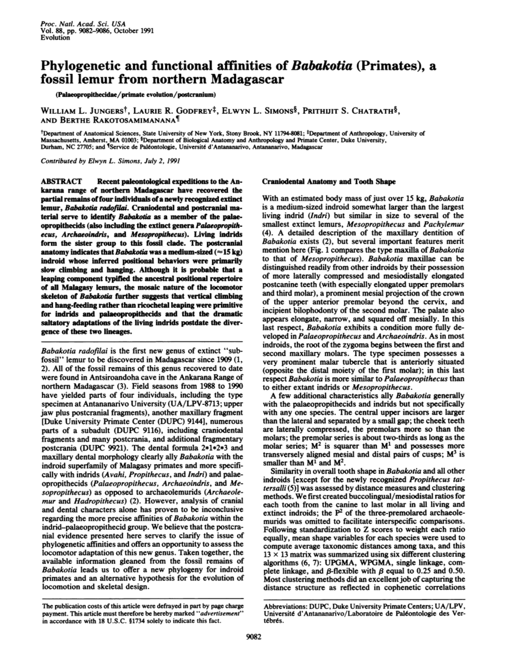 Fossil Lemur from Northern Madagascar (Palaeopropithecidae/Primate Evolution/Postcranium) WILLIAM L