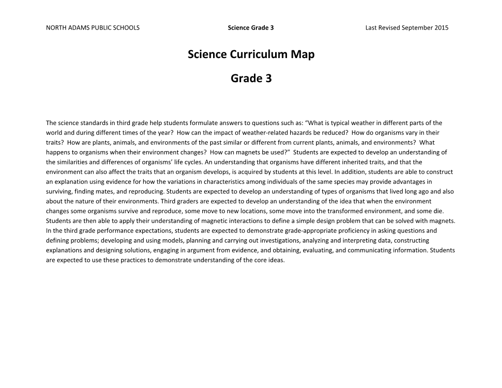 NORTH ADAMS PUBLIC SCHOOLS Science Grade 3 Last Revised September 2015