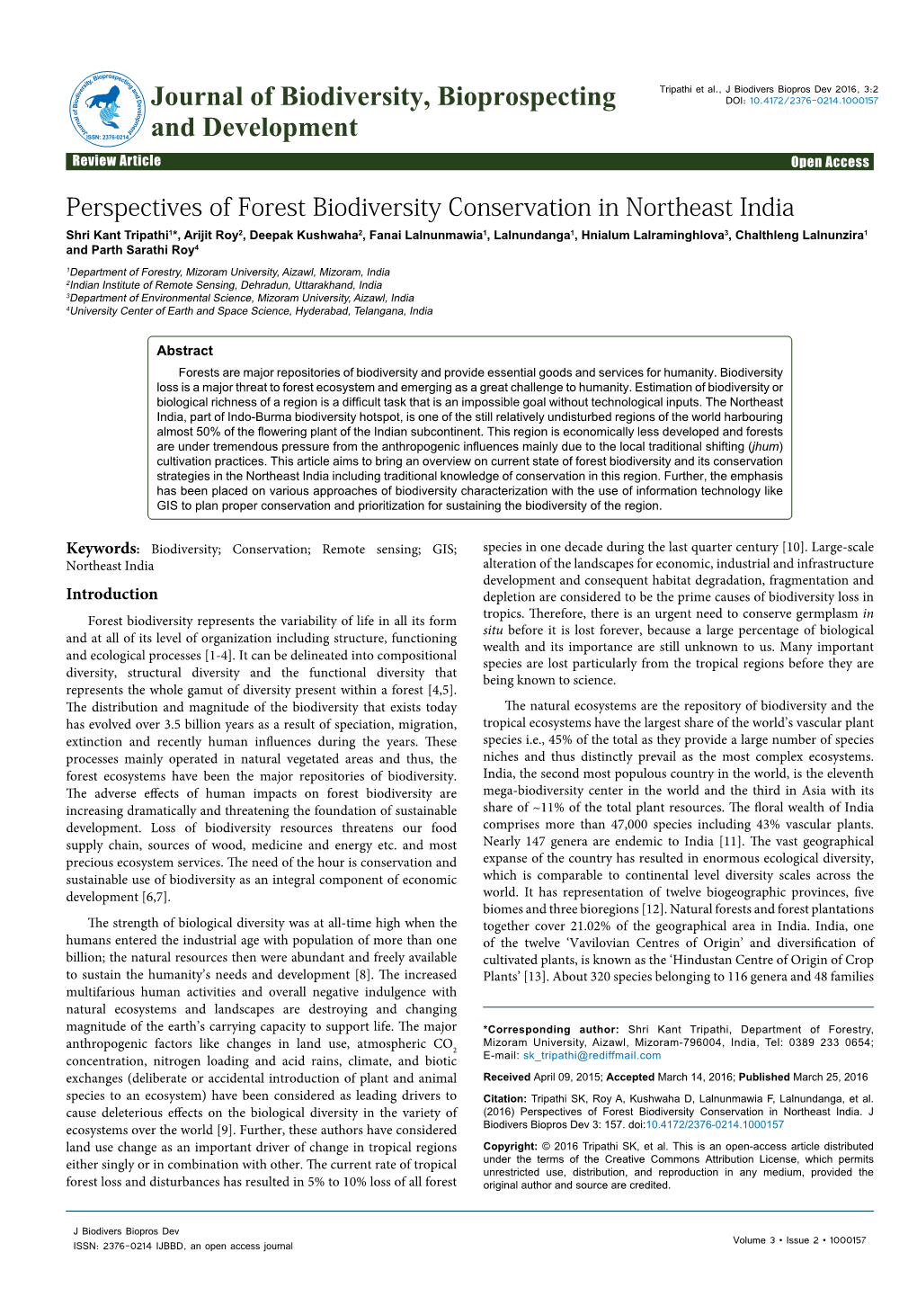 Perspectives of Forest Biodiversity Conservation in Northeast India