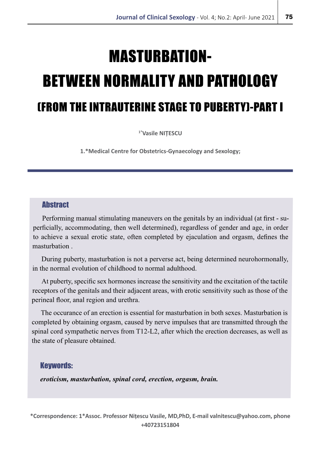 Masturbation – Between Normality and Pathology Vasile Nitescu