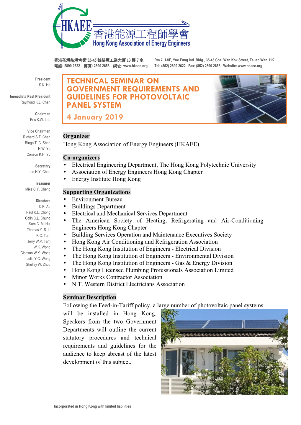 TECHNICAL SEMINAR on GOVERNMENT REQUIREMENTS and Immediate Past President GUIDELINES for PHOTOVOLTAIC Raymond K.L