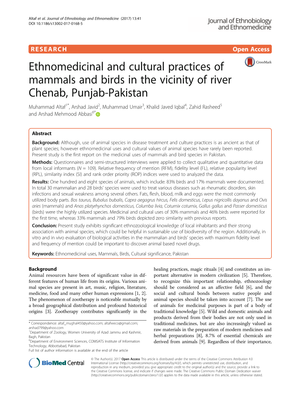 Ethnomedicinal and Cultural Practices of Mammals and Birds in the Vicinity of River Chenab, Punjab-Pakistan