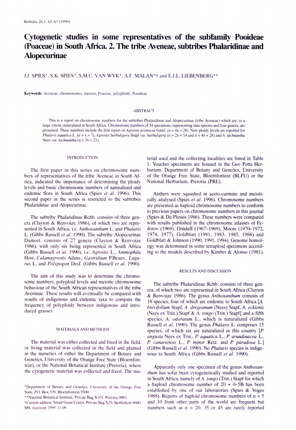 Cytogenetic Studies in Some Representatives of the Subfamily Pooideae (Poaceae) in South Africa