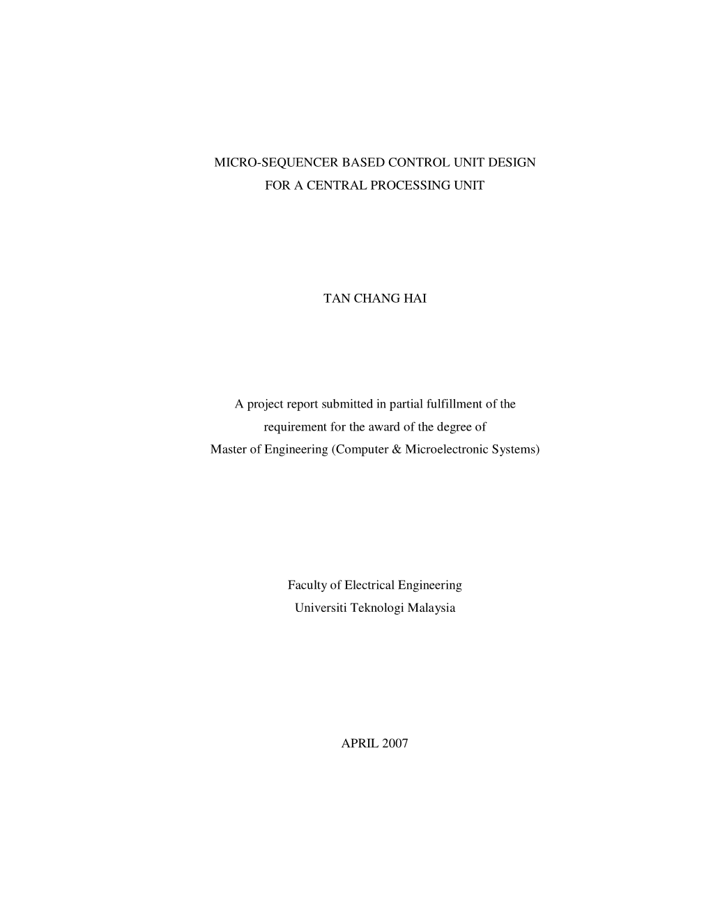 Micro-Sequencer Based Control Unit Design for a Central Processing Unit