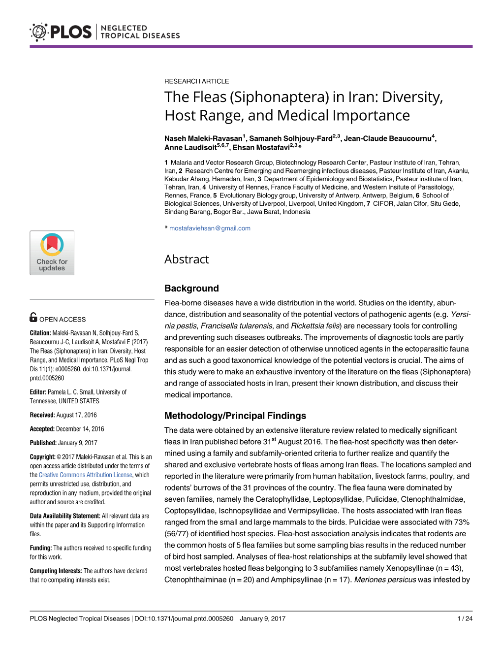 The Fleas (Siphonaptera) in Iran: Diversity, Host Range, and Medical Importance